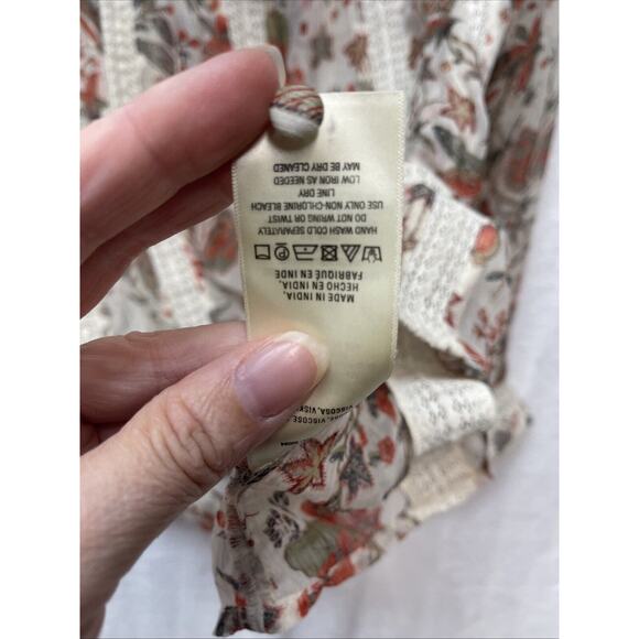 Feather Bone Anthropologie Sheer Boho Peasant Top Orange Olive Green Fall Sz 12 - Picture 10 of 11